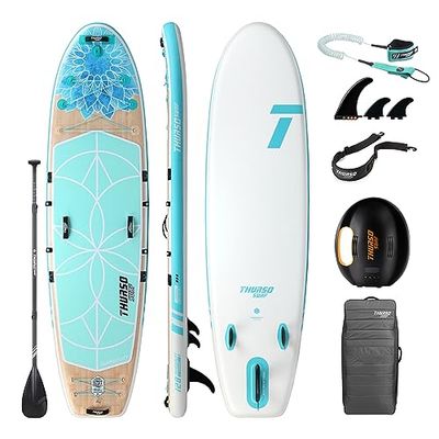 THURSO SURF Tranquility aufblasbares Yoga Stand Up Paddle Board Sup 325x86x15 cm Paket Inclusive Paddel mit KARBON-Schaft/2+1 Flossen mit Schnellverschluss/Leine/Pumpe/Rucksack