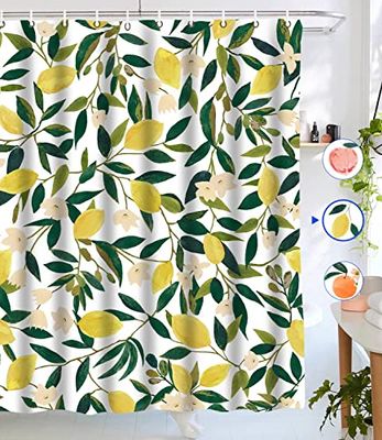 Lifeel Rideau de Douche en Tissu imperméable avec 12 Crochets, Motif Citron, Fruits, Feuilles Vertes, Plantes, 183 x 183 cm
