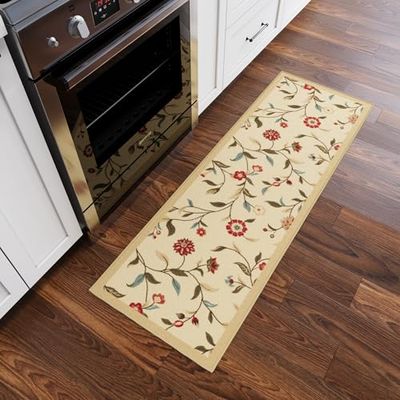 Ottomanson Ottohome - Tapete retangular, base de borracha, design contemporâneo de folhas, 50 x 150 cm, cor bege
