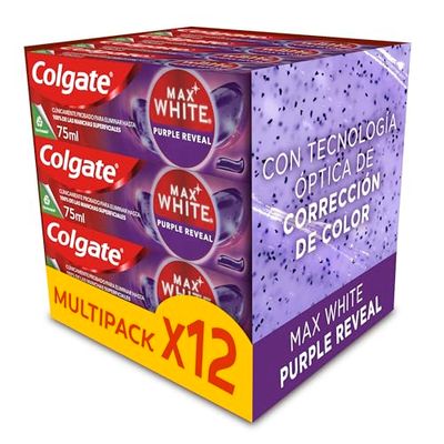 Colgate Max White Purple Reveal Pasta de Dientes Blanqueadora, 12 Uds x 75ml, Dentífrico Blanqueador de Dientes con Tecnología de Corrección Óptica del Color, Corrige al instante* los Tonos Amarillos