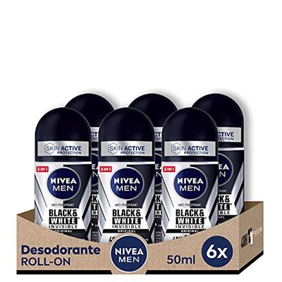 NIVEA Men Black White Invisible Roll On 6' 50ml Deodorant for The Occhiali, Oro Lucido, Taglia Unica (Pacco da 6) Donna