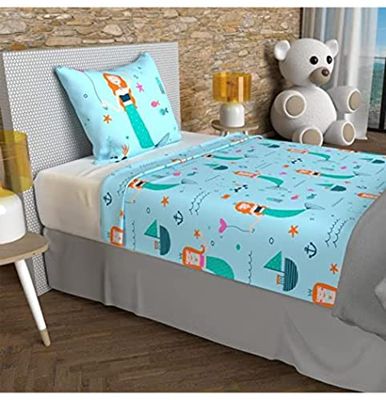 Soleil d'ocre Juego de sábanas SIRENAS de 180 x 290 cm, azul, 100% algodón de 57 hilos/cm2