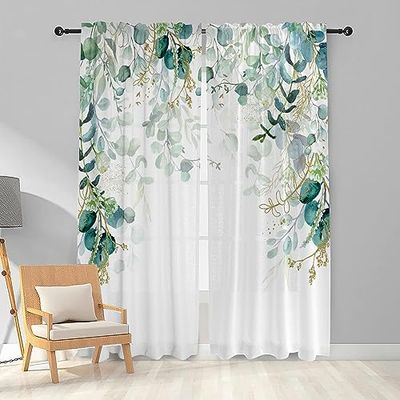 Suurimuuri Gold Green Leaves Living Room Curtains, 84 Inch Long, Floral, Retro Farmhouse Style, Light Filtering, Thermal Insulated, Set of 2 Panels, Eucalyptus