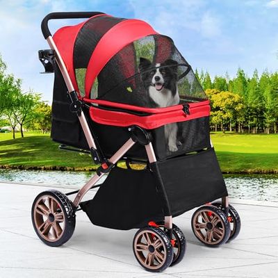 YITAHOME Passeggino pieghevole per cani di piccola taglia, con manico reversibile, con finestre in rete, portabicchieri, ruote in EVA girevoli a 360° con freni (rosso)