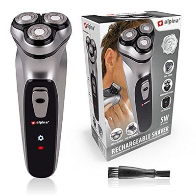 alpina Rasoio da uomo - Batteria USB - 3 testine galleggianti - Trimmer pop-up - con spazzola per la pulizia e cappuccio protettivo - Cavo USB