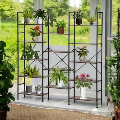 HOMYLIN Support pour Plantes d'intérieur et d'extérieur - Étagère Industrielle - Cadre en métal avec étagères en MDF pour Affichage de Jardin - Rangement Polyvalent à Plusieurs Niveaux - Marron