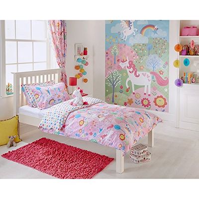 Riva Paoletti Kids Unicorn Pencil Pleat Curtains (Pair) - Pink And White - Matching Tiebacks - Machine Washable - 168 cm Width X 183 cm Drop (66" X 72" Inches) - Designed In The UK