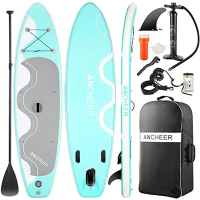 ANCHEER Opblaasbaar stand-up-paddleboard, 320 cm lang, met duurzame SUP-accessoires, rugzak, riem, peddel en handpomp, onderste vin, waterdichte tas, reparatieset, allround board