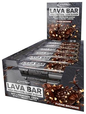 Lava Protein Bar Fudge Brownie - 18 x 40g High Protein Bars with up to 34% Protein, Reduced-Sugar bar with a Creamy core and Crispy Topping