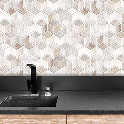 Walplus - Adesivo per piastrelle da parete, 28,5 x 14 cm, 24 pezzi, in pietra beige, con esacube, adesivo per piastrelle da parete, per cucina, bagno, piastrelle