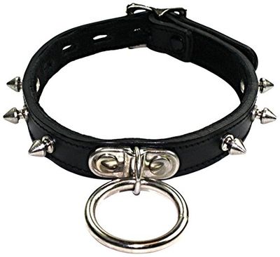 Slap Leather Medium Neck Collar with Spikes and Ring in Black Leather with Black Suede Lining