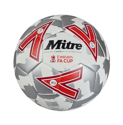Mitre Unisex träning FA Cup fotboll | högpresterande träningsboll | Extra hållbar design, boll, Vit/Silver/Röd, 4