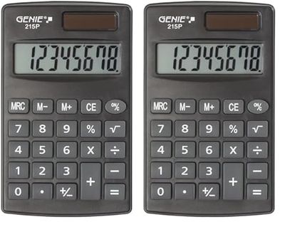 Genie Calculadora de Bolsillo de 215 dígitos P8 dígitos, Doble Potencia (Solar y batería), diseño Compacto, Color Gris (Paquete de 2)