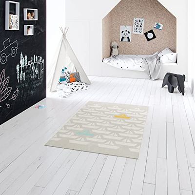 BALTA Alfombra Infantil Barco, Alfombra Rectangular de Pelo Corto, Ideal para la habitación de los niños, Sala de Juegos, fácil de Limpiar, Resistente a Las Manchas, Polipropileno, 120 x 170 cm, Gris