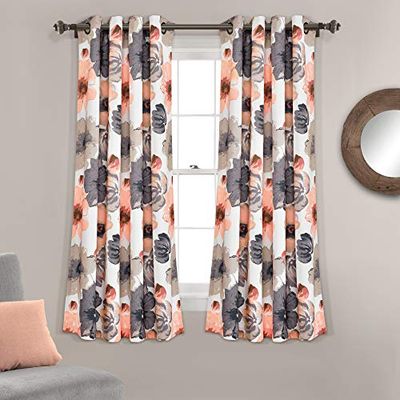 Lush Decor Leah Paire de Rideaux de fenêtre filtrant la lumière avec œillets isolants Floraux, 132,1 cm de Large x 160 cm de Long, Corail et Gris
