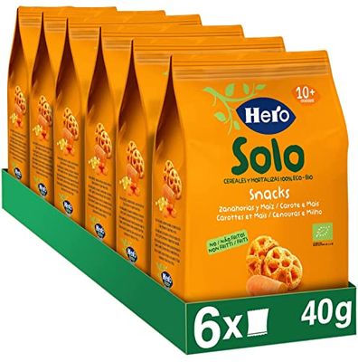 Hero Solo BIO - Snack Carotte et Mais Biologiques - pour Bébés Des 10 Mois - non Frits, 100% Naturels, Sans Gluten, ni Conservateurs ni Colorants et Sans sel Ajouté - Lot de 6 X 40 g