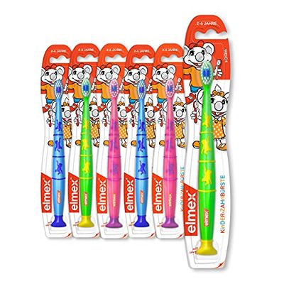 elmex Cepillo de dientes para niños de 2 a 6 años, 6 unidades, cerdas suaves y redondeadas para un cepillado profundo de los dientes de leche, apto para todos los tipos de mango