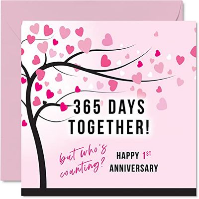 Divertida tarjeta de aniversario de papel para esposa o marido, 365 días juntos, regalos "I Love You", tarjetas de felicitación de primer aniversario de boda para pareja, tarjetas de felicitación de 145 mm x 145 mm para primeros aniversarios