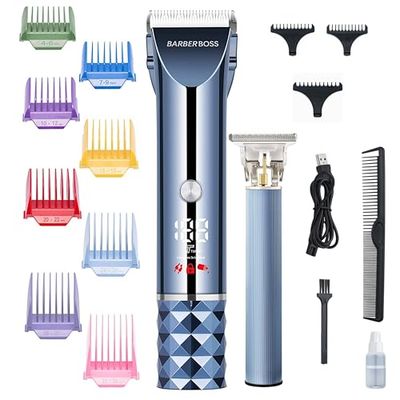 Barberboss Tondeuse à cheveux, ensemble de tondeuse à barbe et à cheveux pour hommes, tondeuse à lame en T en céramique et titane, peignes 8 couleurs, charge USB, QR-2681