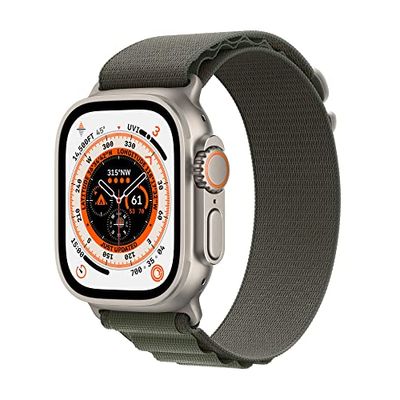 Apple Watch Ultra (GPS + Cellular, 49mm) Smartklocka - titanboett - bergsloop grön – L. Träningsmätare, precisions-gps, aktiveringsknapp, extra lång batteritid, ljusare Retina-skärm