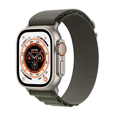 Apple Watch Ultra (GPS + Cellular, 49mm) smartwatch - kast van titanium Groen Alpine‑bandje - M. Conditie bijhouden, nauwkeurige gps, actieknop, extra lange batterijduur