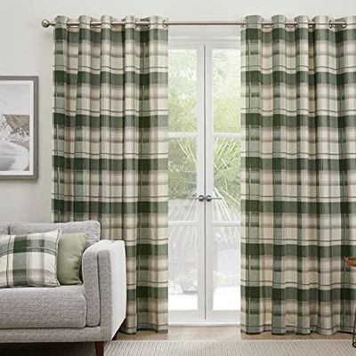 Fusion - Rideaux Tartan Vert 168 x 229 cm - 100% Coton - 2 Panneaux - Rideaux à Carreaux Vert Olive - Rideaux à œillets Verts à Carreaux - Rideaux Vert foncé pour Salon/Chambre/Bureau