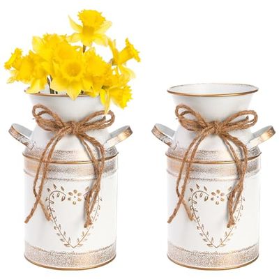 Hacaroa Lot de 2 Pots à Lait en métal galvanisé Rustique de 19 cm avec poignée, Vase à Fleurs décoratif primitif pour la Maison, Le Salon, la Cuisine, la décoration de la Ferme