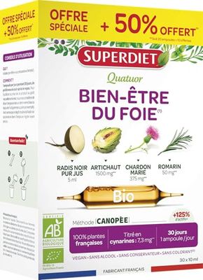 SUPERDIET - QUATUOR BIEN-ÊTRE DU FOIE BIO - Radis noir, Artichaut, Chardon Marie, Romarin - Fabrication française - Format économique - 30 ampoules