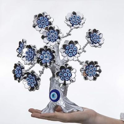 YU FENG Silver White Flowers Tree with Turkish Blue Evil Eyes Amulet Table Centerpiece Ornament for Home Office Decor Protection Gift