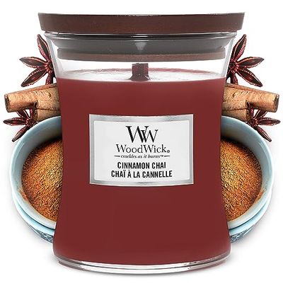 WoodWick Hourglass Vela cromada em frasco médio, vermelho (canela Chai), 275 g