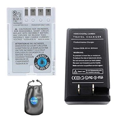Batteria di ricambio digitale PLUS caricabatteria da viaggio per Olympus BLM-5, DSLR E-3 - Include custodia per accessori per lenti