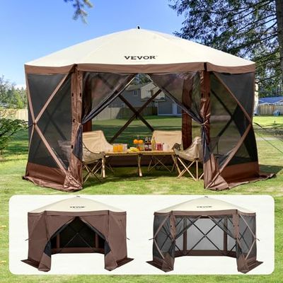 VEVOR Carpa Plegable para Cenador, con Pantalla Emergente, 6 Lados, Refugio Solar con 6 Paños de Viento de Privacidad Extraíbles y Ventanas de Malla, con Mosquitera, Marrón, 3,81 x 3,81 x 2,28 m