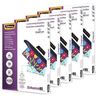 Fellowes Pouches per plastificazione per documenti, formato A4, finitura lucida, 500 pezzi (5 confezioni da 100 pezzi), 160 micron (2 x 80 micron) Finitura di alta qualità, ideali per foto e avvisi