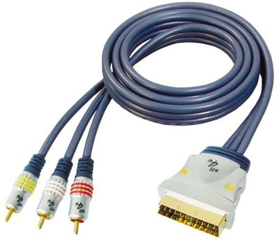 All4u BBV 75 videokabel (Scartstekker - 3x cinchstekker, Scart > cinch, verchroomde volledig metalen stekker) 3 m blauw