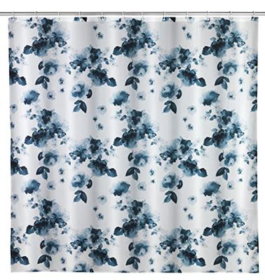 Wenko Tenda doccia antimuffa Rose Bleu, tenda tessile antibatterica con effetto antimuffa, lavabile, idrorepellente, con 12 anelli per il fissaggio al tubo della doccia, 180 x 200 cm