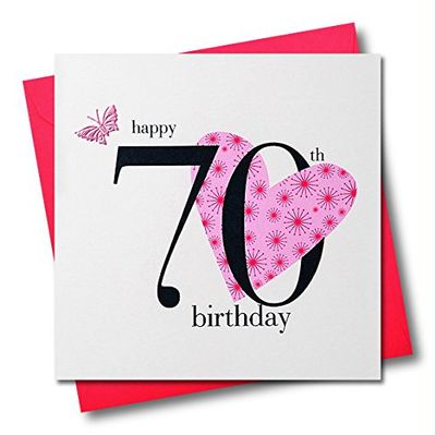 Claire Giles Greeting Cards, Happy 70th Birthday Card, Pink Heart Design, Embellished with a Fabric Butterfly