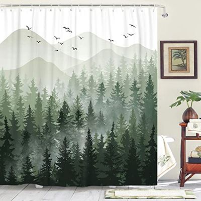 Accnicc Set di tende da doccia verde nebbioso foresta ombre verde salvia bianco tessuto impermeabile tende da doccia natura albero montagna bosco decorativo bagno tenda decorazione (72 '' × 72 '',