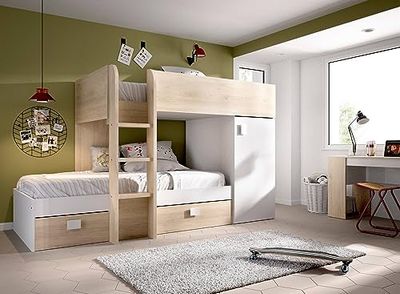 Dmora - Letto per Bambini Marmolada, Cameretta completa Con armadio e cassetti, Composizione letto a Castello Con Due lettini singoli, 255x112h150 cm, Bianco e Rovere