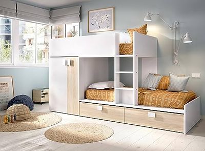 Dmora - Lit pour Enfants Breithorn, Chambre complète avec Armoire et tiroirs, Composition de Lits superposés avec Deux Lits Simples, 275x108h150 cm, Blanc et Chêne