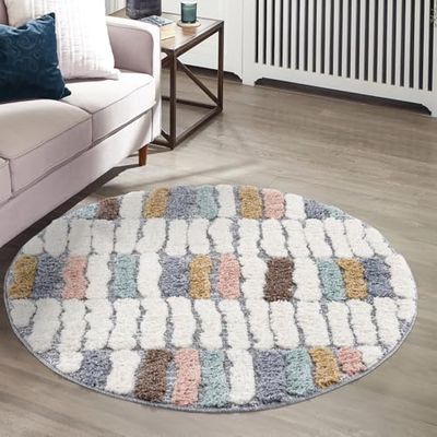 carpet city Tapis à Poils Longs, 120 x 120 cm, Rond, Motif géo Moderne, Multicolore, Profond, Effet 3D, Moelleux, Doux, pour Salon, Chambre à Coucher, à Poils Longs