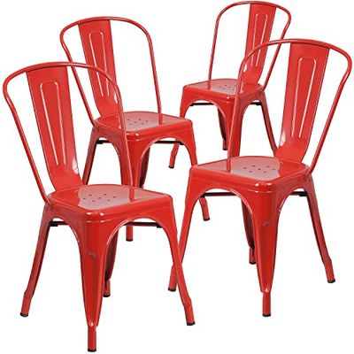 Flash Furniture Cadeira empilhável Luke, de qualidade comercial, de metal vermelho, para interiores e exteriores, embalagem de 4