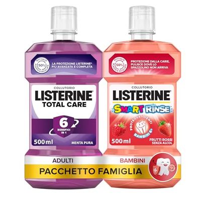 LISTERINE Collutorio Set Famiglia, Total Care, Menta Pura, 500 ml + Smart Rinse Kids, Senza Alcol e Senza Zucchero, Frutti Rossi, 500 ml per un'igiene orale completa – Esclusiva Amazon