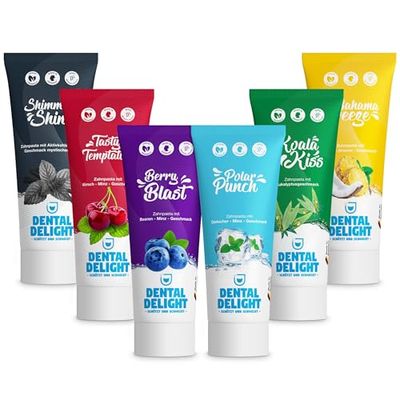 DENTAL DELIGHT Lot de Dentifrices - 6 Goûts : Sunny Splash, Polar Punch, Koala Kiss, Shimmery Shine, Berry Blast, Bahama Breeze - Neutre Pour le Climat, Vegan, 0 Microplastique - Idée Cadeau