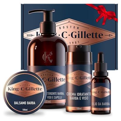 King C. Gillette KIT REGALO COMPLETO, Confezione precedente, DETERGENTE VISO UOMO, BALSAMO BARBA, Olio e Crema Idratante Per Barba E Viso, Blu, IDEA REGALO