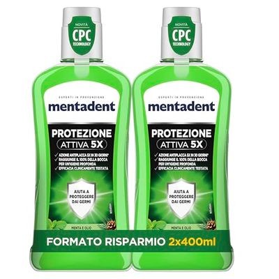 Mentadent Collutorio CPC, Azione Antibatterica, con CPC e Tecnologia di Protezione Attiva 5X, Igiene Profonda, Gusto Menta e Olio Essenziale di Pino 100% Naturale, Formato 2 x 400 ml