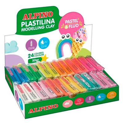 Alpino Espositore da 24 plastiline FLUO/PASTELLO da 50gr, colori assortiti.