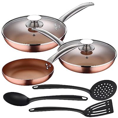 Set di 5 padelle da 20,24,28 cm (con coperchio) alluminio pressato induzione con set di 3 utensili da cucina