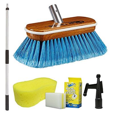 STAR BRITE Premium Combo-Manche de 0,9 m à 1,8 m avec brosse en bois synthétique en fibre moyenne de 20,3 cm (Bleu) avec pare-chocs + Crochet de fixation + Gomme pour bateau + éponge géante, aluminium