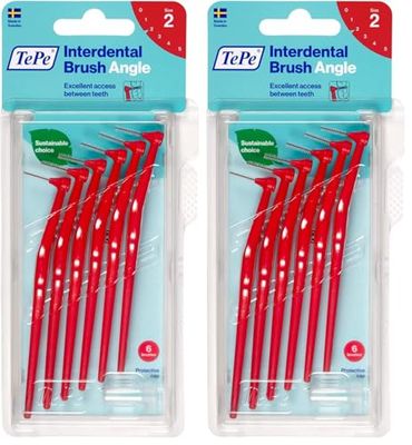 TePe Brossettes interdentaires Angle - Idéal pour le nettoyage des espaces interdentaires des molaires - 1 x 6 brossettes - Diamètre 0,5mm - Rouge (Lot de 2)