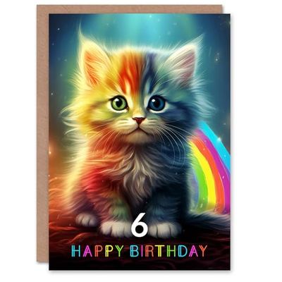 Artery8 6th Birthday Greeting Card Kids Cute Rainbow Kitten Age 6 Year Old Child